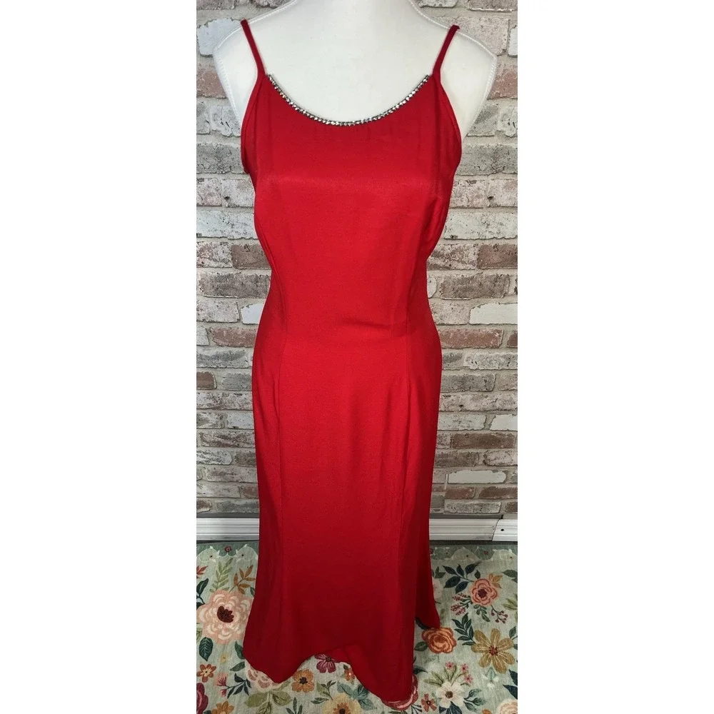 Vintage 1990's Jessica McClintock Red Prom Gown Rhinestone Neckline Sz 9/10‎